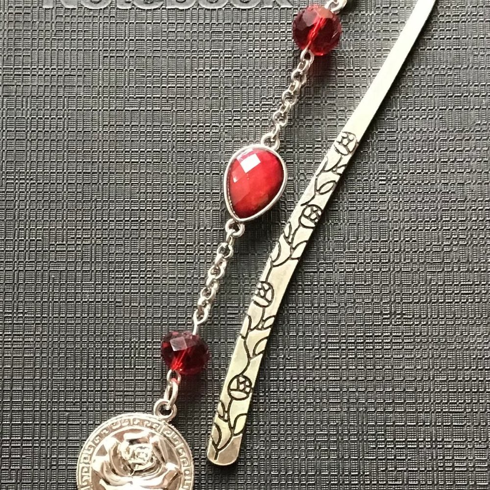 Tibetan Metal Bookmark Rose Engraved Red Garnet Rose‎ Charm